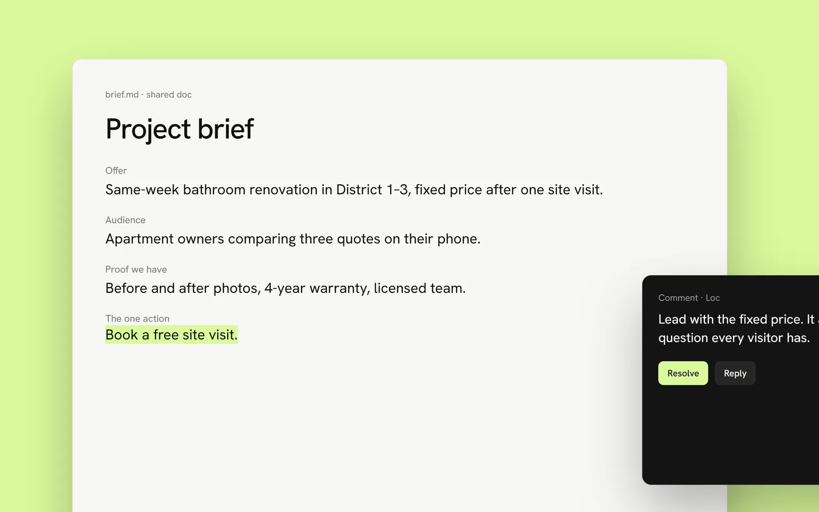 A project brief with the offer, audience, proof and the one action, and a review comment