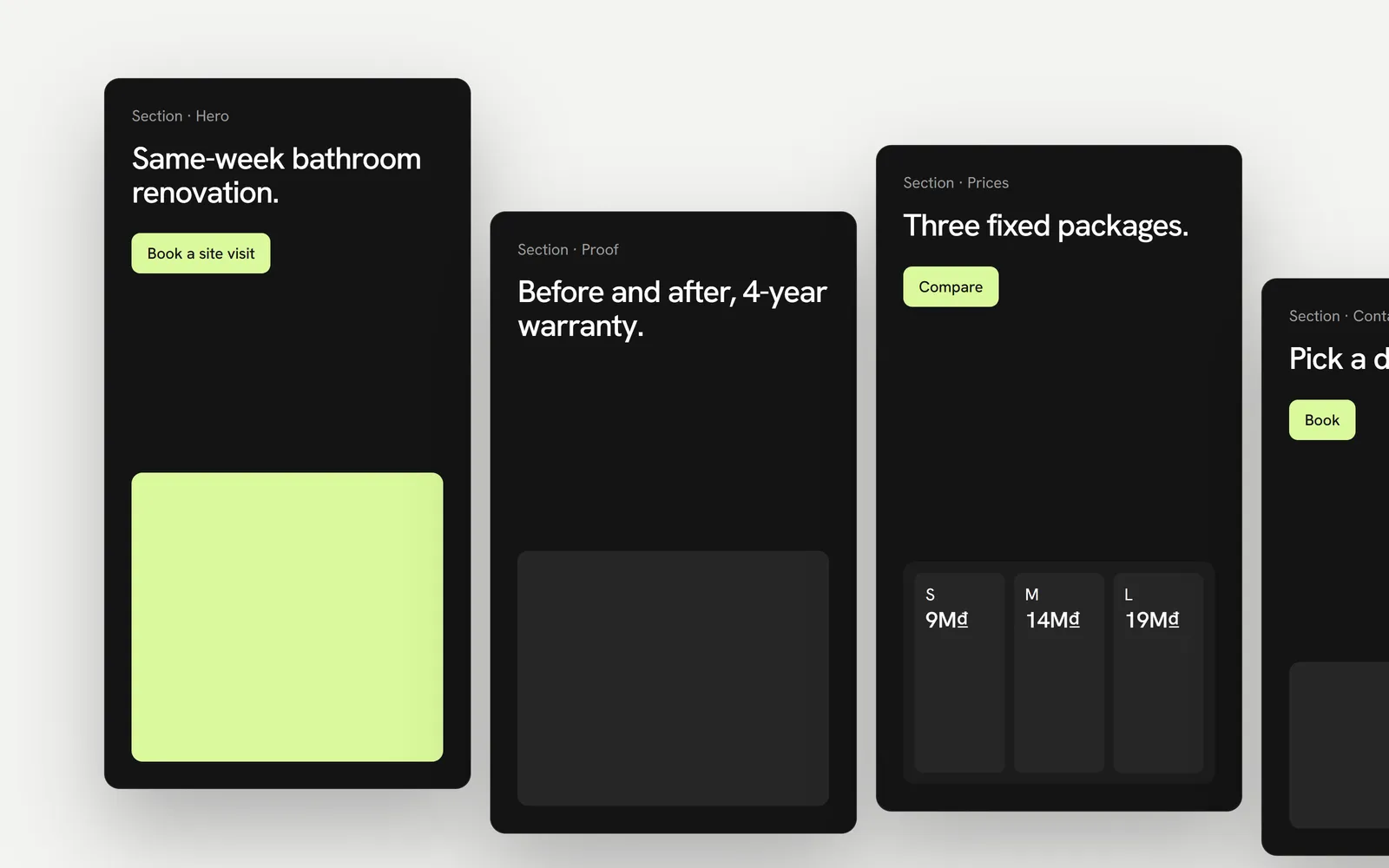 Page sections laid out in order: hero, proof, prices and contact