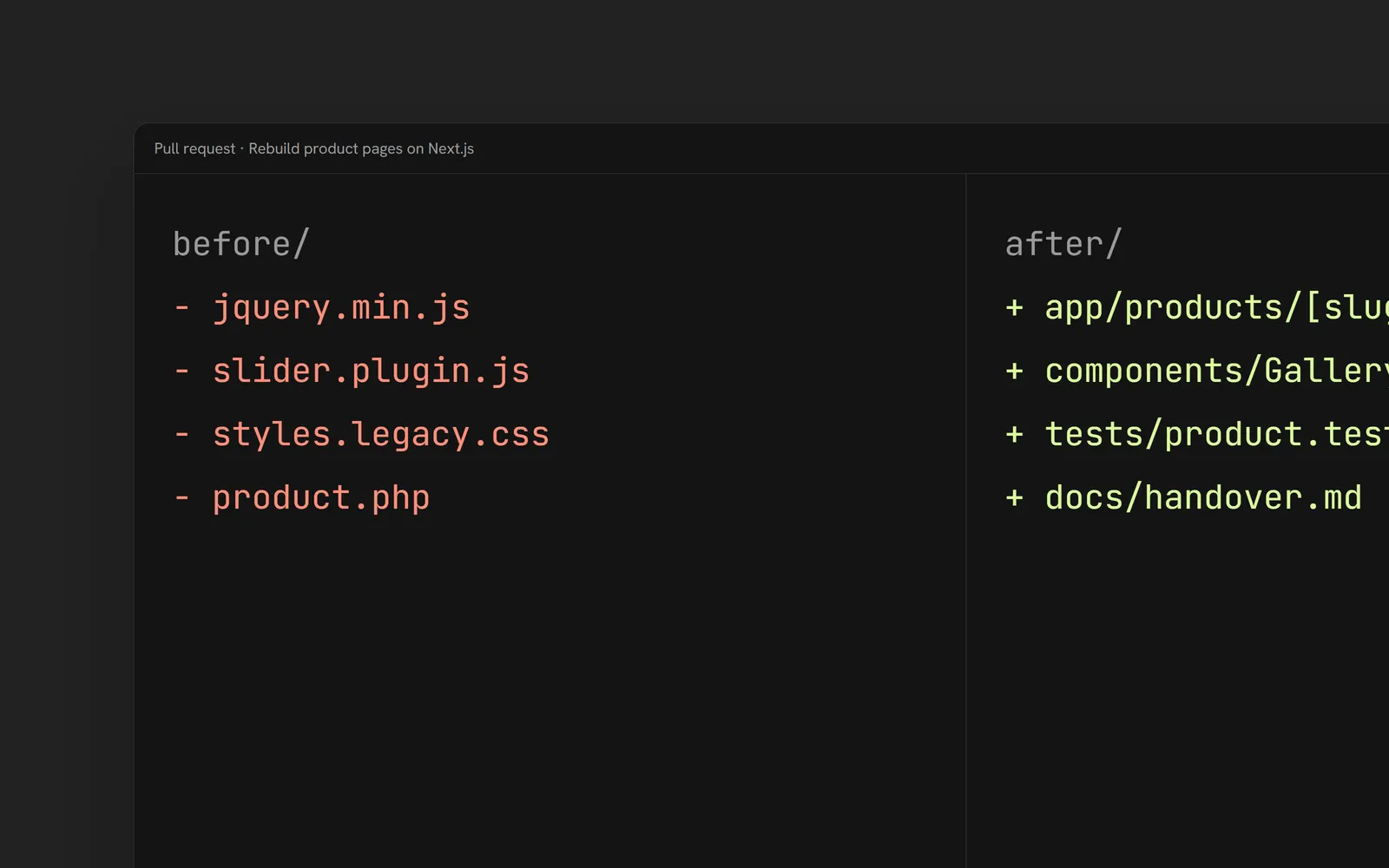 A pull request replacing legacy jQuery and PHP files with typed, tested Next.js pages